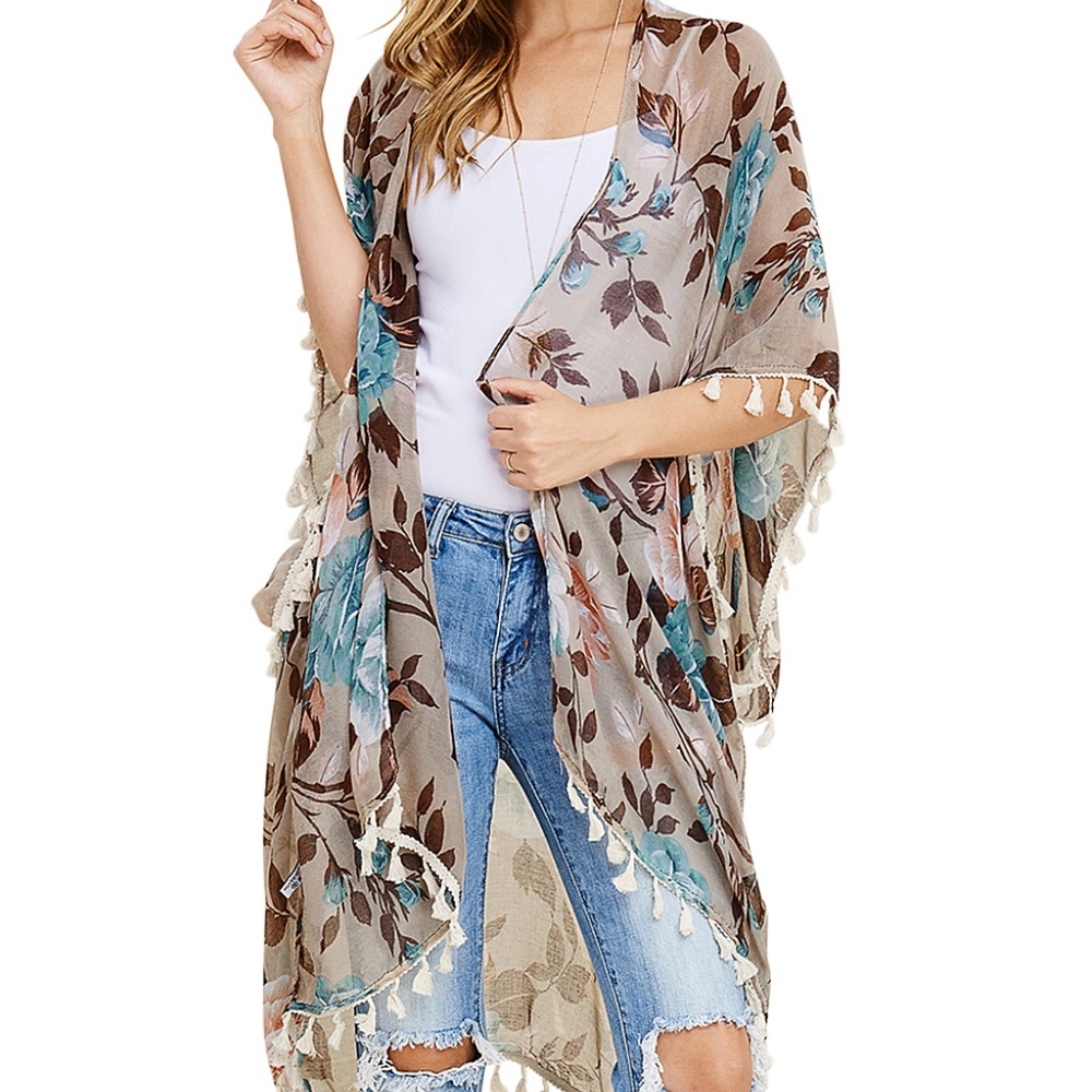 NWT Boho Floral Sheer Kimono w Tassles one size